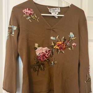 Brown floral embroidered top